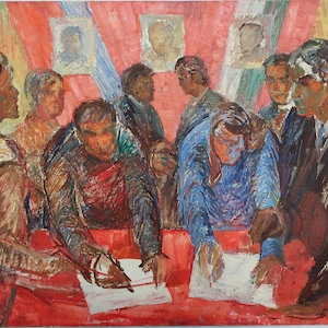 Boceto. Pintura al óleo antigua original del realismo socialista Arte soviético Artista ucraniano Gribok D.K. 49-74 cm Óleo sobre cartón Año 1974