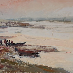 Paisaje. Pintura original del artista ucraniano Yatsenko V. 18-30 cm, óleo sobre cartón, década de 1960.