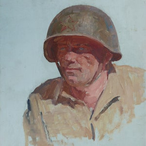 Retrato de un soldado. Pintura al óleo original del artista ucraniano Chernikov V. 50-40 cm cartón óleo década de 1970