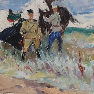 Soldats de l'Armée rouge. Artiste ukrainienne Shurupov K. 31-49 cm, huile sur carton, années 1960