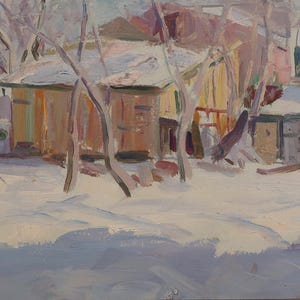 Paisaje rural. Pintura original del artista ucraniano Shurupov K. 26-49 cm, óleo sobre cartón, década de 1970
