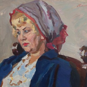 Portrait of a woman. Oil painting original socialist realism Ukrainian artist Basanets P. 46-55 cm oil on canvas 1963year