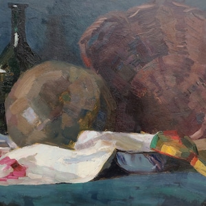 Naturaleza muerta. Pintura al óleo original del artista ucraniano Fedotov N. 45-67 cm cartón óleo año 1963