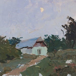 Paisaje. Pintura original de la artista ucraniana Zakharova, 19-21 cm, óleo sobre cartón, década de 1970.
