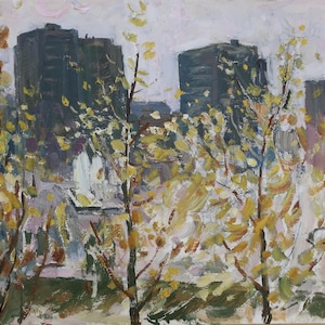 Primera impresión. Pintura original del artista ucraniano Bondarenko P. 40-50 cm, óleo sobre cartón, año 1983