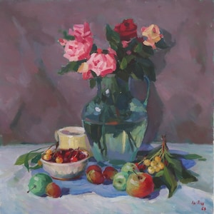 Still life. Antique oil painting original Socialist realism Ukrainian artist Yanev A.N. 70-70cm oil on canvas 1988year