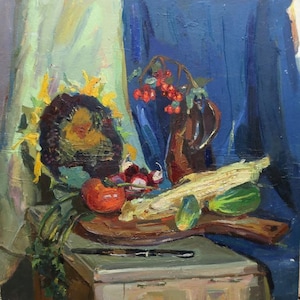 Naturaleza muerta. Pintura al óleo original del realismo socialista del arte soviético de la artista ucraniana Vasilevskaya Inna 50-48 cm cartón óleo década de 1970