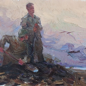 Esboço. Pintura a óleo antiga original do realismo socialista Arte soviética Artista ucraniano Feller R.N 18-35 cm óleo sobre papelão década de 1970