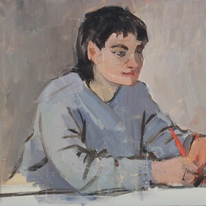 Retrato. Pintura original de la artista ucraniana Kryzhanovskaya M. 23-32 cm, óleo sobre cartón, 1969