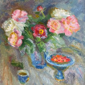 Naturaleza muerta con flores. Pintura al óleo original del artista ucraniano Kozhekov A. 49-39 cm cartón óleo 1985