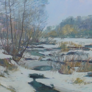Sur la rivière Bug. Peinture originale de l'artiste ukrainien Nazarenko A. 40-50 cm, huile sur carton, années 2000