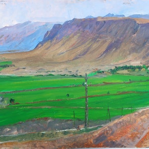 Paisaje. Pintura al óleo antigua original del realismo socialista Arte soviético Artista ucraniano Gribok D.K. 50-80 cm Óleo sobre cartón Años 70