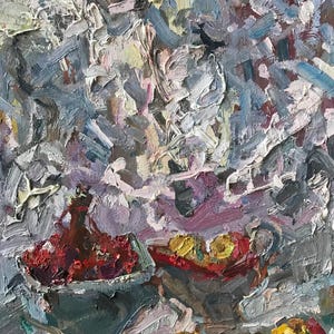 Mosaico invernal. Pintura original de la artista ucraniana Repka. 79-48 cm, óleo sobre cartón, 2005.