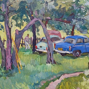 Paisaje. Pintura original de la artista ucraniana Chernova N. 48-62 cm, óleo sobre cartón.