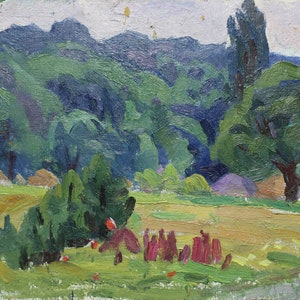 Paisaje Pintura al óleo antigua original Realismo socialista Arte soviético Artista ucraniano P.D. Scriabin 23-30 cm Óleo sobre cartón Años 70
