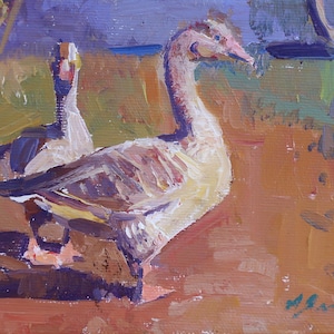 Oies. Artiste ukrainien Yalansky A.12-18 cm, huile sur toile sur carton