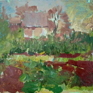 Paisaje. Pintura original del artista ucraniano Pirogov V. 18-22 cm, óleo sobre cartón, década de 1970.