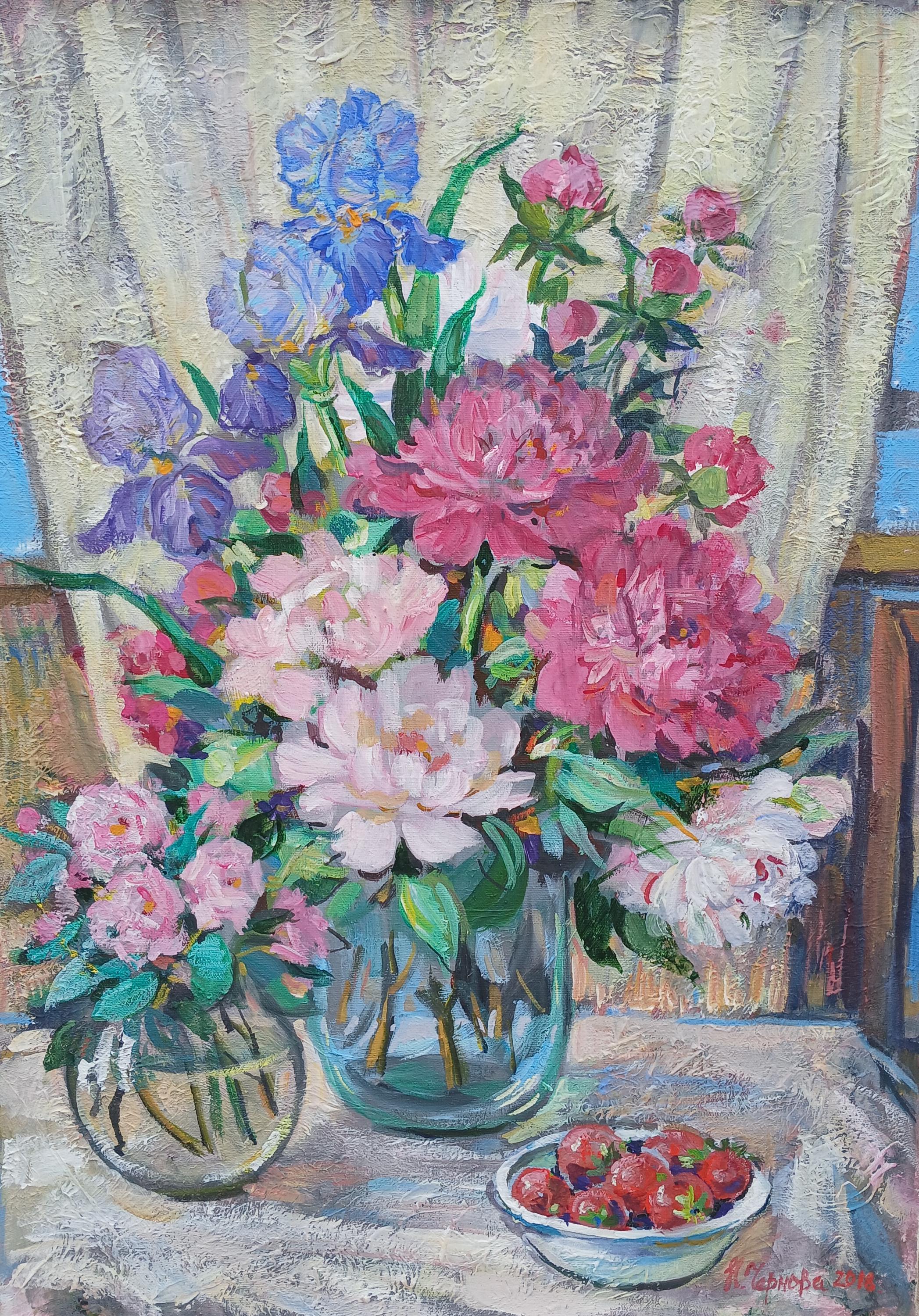 Peonías. Pintura original de la artista ucraniana Chernova N. 70-50 cm, témpera sobre lienzo.