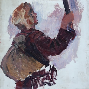 Retrato. Pintura al óleo antigua original del realismo socialista. Arte soviético. Artista ucraniano Gribok D.K. 87-80 cm. Óleo sobre cartón. Años 80.