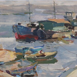 Muelle. Artista ucraniano Mukhamedov T. 27-49 cm, óleo sobre cartón, 1960