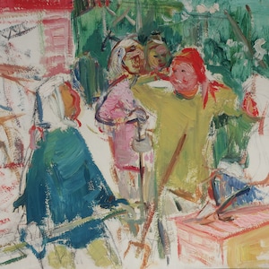 Auf einer Baustelle. Skizze. Ukrainischen Künstlers Khitrova T. 39-47 cm, Öl auf Pappe, 1960 Jahre