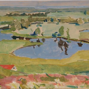Paisaje. Pintura original de la artista ucraniana Kryzhanovskaya M. 34-49 cm, óleo sobre cartón, año 1967