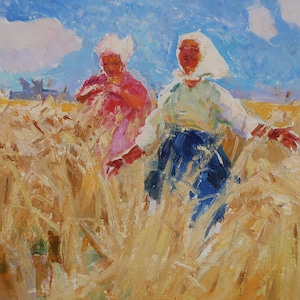 Récolte. Artiste ukrainienne Hitrova T. 29-47 cm, huile sur carton années 1960