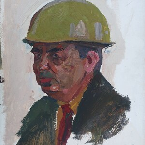 Retrato de un hombre. Pintura al óleo antigua original del realismo socialista Arte soviético Artista ucraniano Gribok D.K 49-39 cm Óleo sobre cartón Años 70