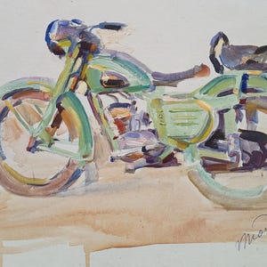 Motocicleta. Pintura original del artista ucraniano Tomenko G. 23-32 cm, cartón, técnica mixta, década de 1970.