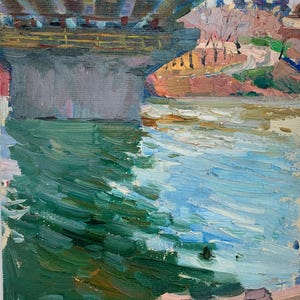 Paisagem. Pintura original do artista ucraniano Pirogov V. 26-19 cm, óleo sobre papelão, década de 1970.