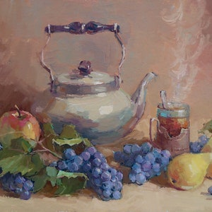 Té caliente. Pintura al óleo original del artista ucraniano Stupka S. 25-35 cm cartón óleo