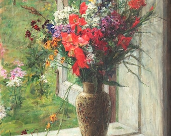 Flores en la ventana. Pintura al óleo antigua original del socialismo Arte soviético Artista ucraniana Sapozhnikova N. 85-67 cm Óleo sobre lienzo Años 50