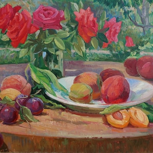 Rosas y frutas. Pintura al óleo original del artista ucraniano Kutinov F. 39-58 cm cartón óleo año 1990