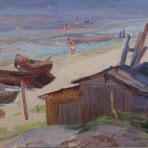 En el mar. Pintura original del artista ucraniano Chernov L. 25-38 cm, óleo sobre cartón, año 1953
