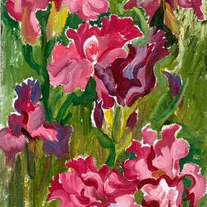 Flores. Pintura original de la artista ucraniana Zakharova, 64-34 cm, óleo sobre cartón, década de 1970.