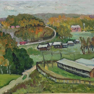 Paisaje. Pintura original de la artista ucraniana Zakharova, 23-36 cm de largo, óleo sobre cartón, década de 1980.