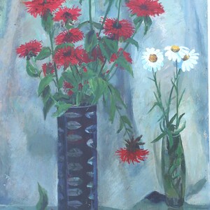 Naturaleza muerta. Pintura al óleo antigua original del realismo socialista Arte soviético Artista ucraniano Gribok D.K. 70-50 cm cartón óleo 1983