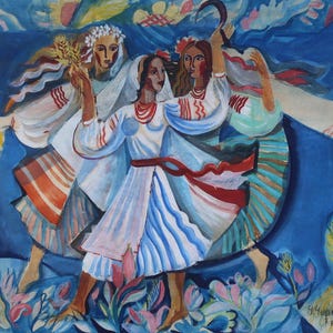 Boceto del panel de la Fiesta de la Cosecha. Pintura original de la artista ucraniana Chernova N. 41-63 cm, técnica mixta, cartón, año 1980