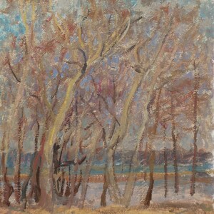 Árboles. Pintura original del artista ucraniano Kikinev V. 49-39 cm, óleo sobre cartón, año 1970