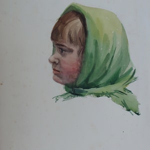 Portrait d'une jeune fille. Peinture ancienne représentant le réalisme socialiste original de l'artiste ukrainien Sinelnikov Y., techniques mixtes sur papier 42-30 cm