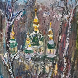 Monasterio de Vydubychi en invierno. Pintura original de la artista ucraniana Repka. Tamaño: 50-40 cm, óleo sobre cartón, 1996.