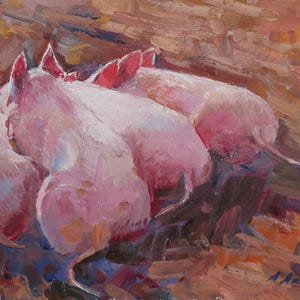 Les porcs. Peinture originale de l'artiste ukrainien Yalansky A. 20-30 cm, huile sur toile sur carton, années 2000