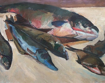 Pescado sobre la mesa. Pintura al óleo antigua original del realismo socialista Arte soviético Artista ucraniano Gribok D.K. 70-110 cm Óleo sobre lienzo Año 1980