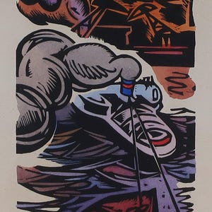 Barche. Artista ucraino Prizant L. 19-8 cm, carta linoleum, anni '70