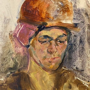 Retrato de un trabajador. Pintura al óleo original del artista ucraniano Tarasenko V. 35-26 cm cartón óleo década de 1970