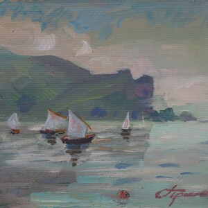 Paisaje marino. Pintura original del artista ucraniano Prishedko V. 20-33 cm, óleo sobre cartón, década de 1980