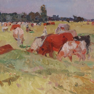 Dans le pré.Artiste ukrainien Yakovenko E.34-46 cm huile sur carton 1979 année