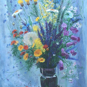 Flores silvestres. Pintura al óleo antigua original del realismo socialista Arte soviético Artista ucraniano Gribok D.K. 80-50 cm Óleo sobre cartón Año 1981