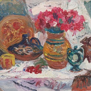 Naturaleza muerta. Pintura original de la artista ucraniana Zakharova, 19-30 cm de largo, cartón, óleo, década de 1980.