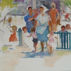 À la maternelle. Artiste ukrainienne Hitrova T. 29-39 cm, huile sur carton, années 1970